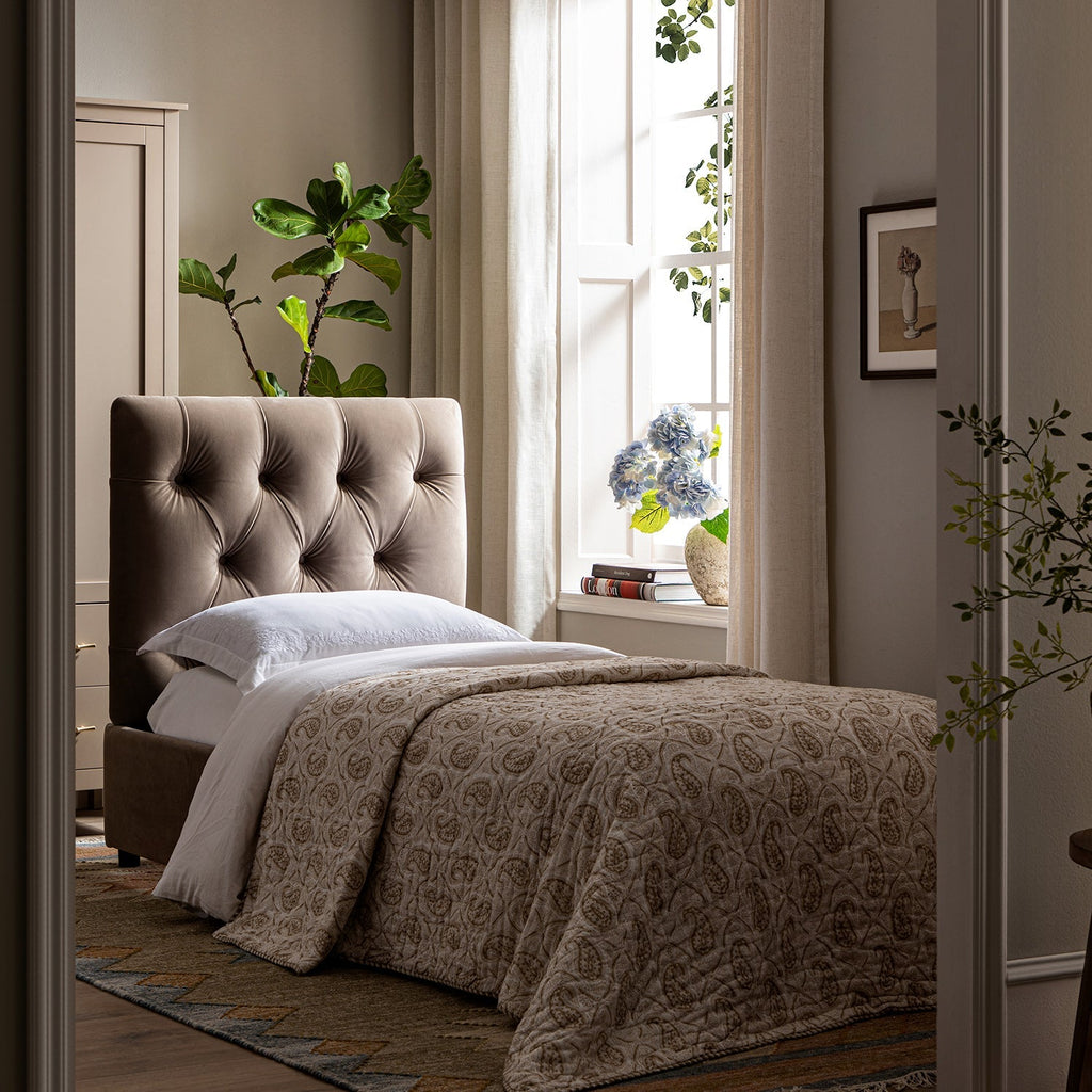 Portland Twin Buttoned Fold-Out Bed in Ottoman, Mink Velvet