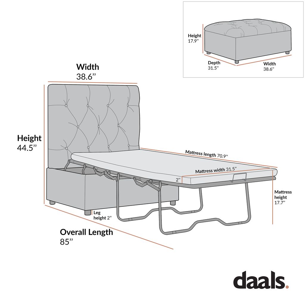 Portland Twin Buttoned Fold-Out Bed in Ottoman, Mink Velvet