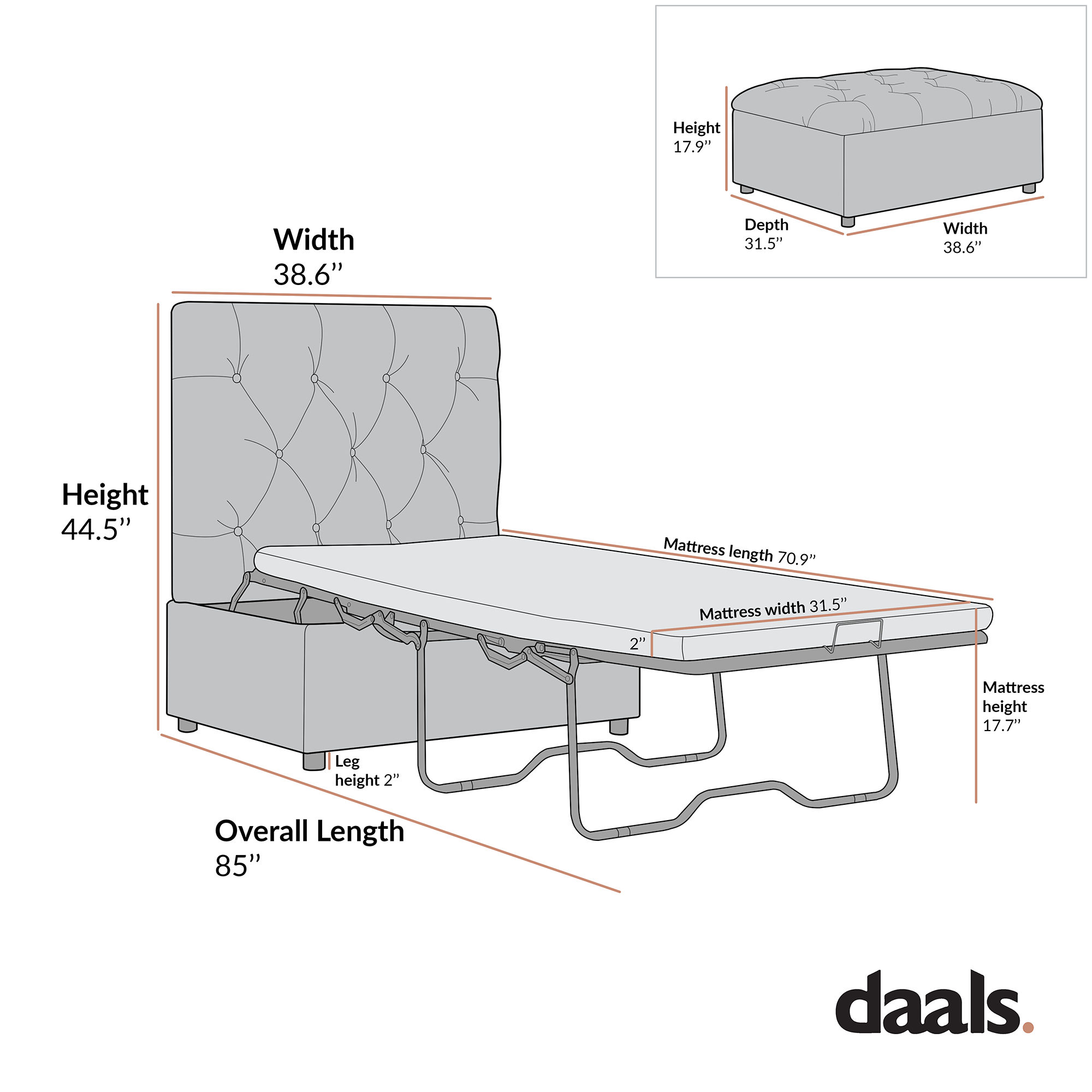 Portland Twin Buttoned Fold-Out Bed in Ottoman, Mink Velvet